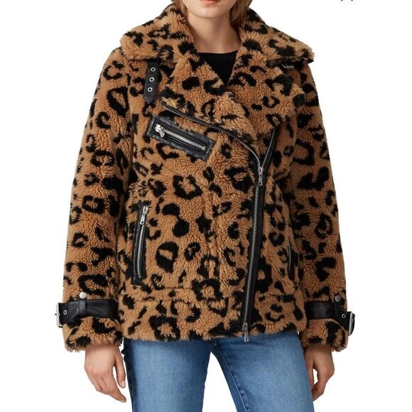 Avec Les Filles Womens Camel Black Leopard Faux Fur Coat Moto Jacket Large NWT - Picture 1 of 9